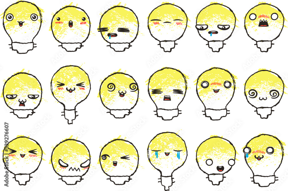Set of Various Cartoon Bulbs with Emoticons. Doodle lightbulb, ideas, eyes and mouth. Caricature comic expressive emotions, smiling, crying and surprised character face expressions Set of Various Cartoon Bulbs with Emoticons. Doodle lightbulb, ideas, eyes and mouth. Caricature comic expressive emotions, smiling, crying and surprised character face expressions