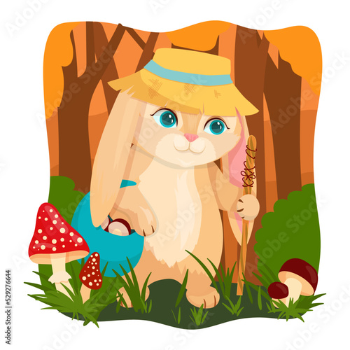 Fototapeta Naklejka Na Ścianę i Meble -  Cute Bunny collects mushrooms. Autumn entertainment. Cheerful rabbit. Vector illustration on a white background.