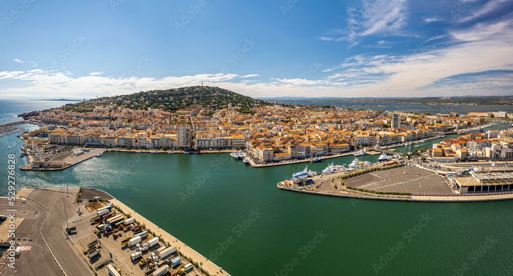 Aerial view of the old town center of Sete in the South of France - Two urbanised islands surrounded with ancient canals between the Mediterranean Sea and the Pond of Thau.