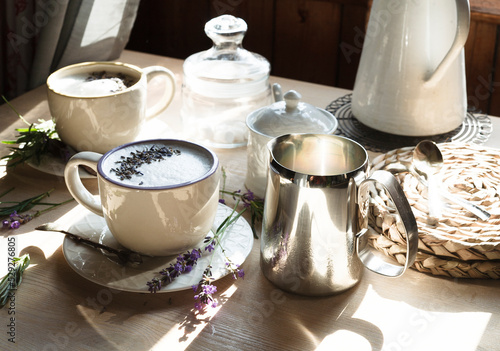 Photography Still life with home made london fog tea latte drink with lavanda flower buds, good morning concept