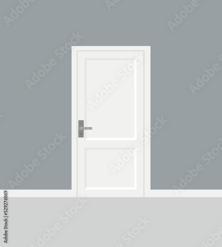 Empty room interior with brick wall and closed white door realistic vector illustration