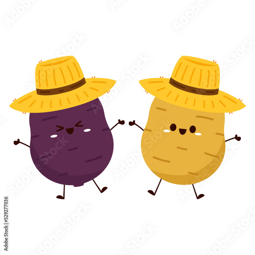 Potato character design. Potato and Sweet potato cartoon on white background. Farmer hat. Peasant hat vector.