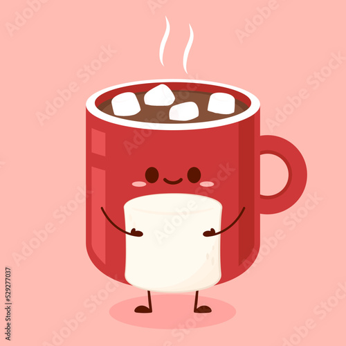 Pile of marshmallows on Cocoa. Cocoa with marshmallows in a red cup. A mug of hot chocolate or cocoa in which marshmallows. Flat vector illustration. Dessert character design.