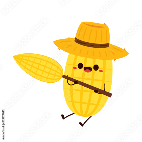 Corn cartoon vector. Cute vegetable vector character isolated on white. Corn mascot. Farmer hat. Peasant hat vector.