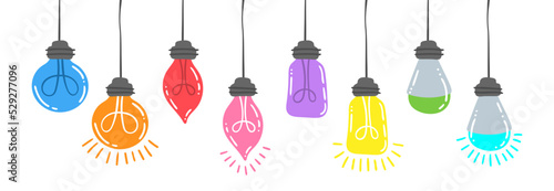 Set of random lamps hanging from above. Light bulbs icon concept of idea. Vector collection on white background. Contour line