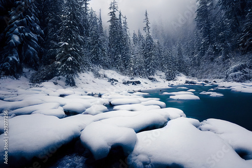 climate change wonder frozen river among conifer forest with snow on the ground in carpathian mountains 3d render background.