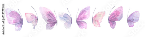 Delicate, beautiful, pink and lilac butterflies, side view. A set of watercolor isolated illustrations. For decoration and design, weddings and romantic compositions, children's and women's prints.