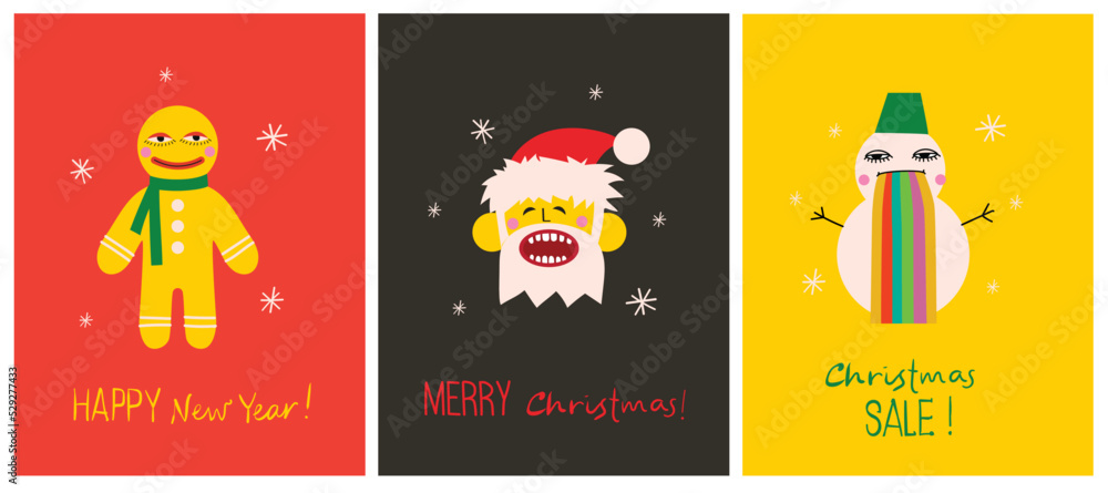 Merry Christmas and Happy New Year 2023. Vector trendy abstract illustrations of holiday card with santa claus, deer, crazy geometric shapes, christmas tree and wreath for poster. Merry Christmas and Happy New Year 2023. Vector trendy abstract illustrations of holiday card with santa claus, deer, crazy geometric shapes, christmas tree and wreath for poster.