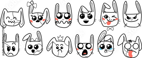 Cute Kawai rabbits. Different expression muzzles bunnies in doodle style. Angry, cheerful, joyful, happy, sick, love, suspicious, playful, laughing kawaii hare