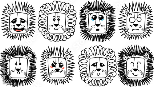 Isolated doodle cute Lion emoticons. Cute set of vector animals with emotions. Cartoon feline  lion for print  children and baby development