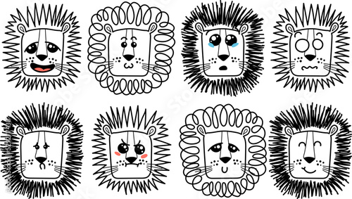 Isolated doodle cute Lion emoticons. Cute set of vector animals with emotions. Cartoon feline, lion for print, children and baby development