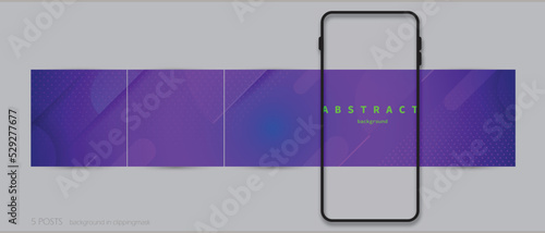 Creative Instagram social media carousel post, panoramic swipe background template. abstract geometric pattern on purple blue neon color, digital technology vector banner design.