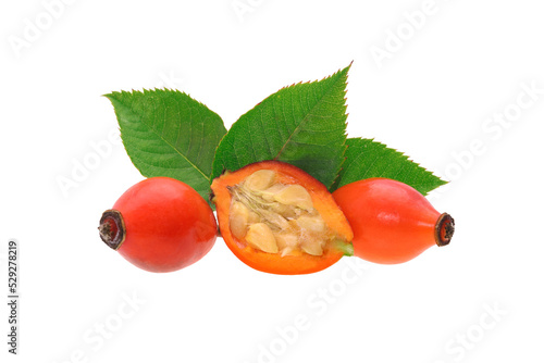 Isolated whole and a half red rose hips with green leaves . PNG file with transparent background.