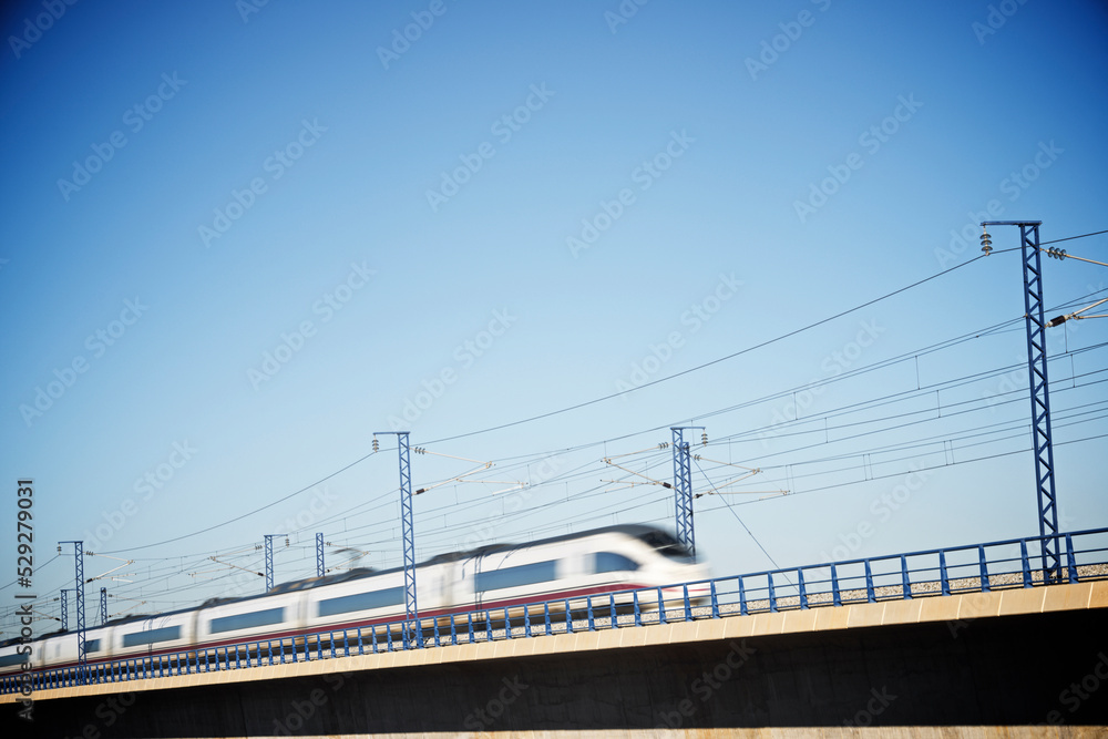 Low angle view of high speed train against clear sky Low angle view of high speed train against clear sky