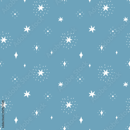 Christmas seamless pattern with snowflakes and stars. New year illustration in flat style. Vector background for wrapping paper, banners, web, scrapbooking, texstille