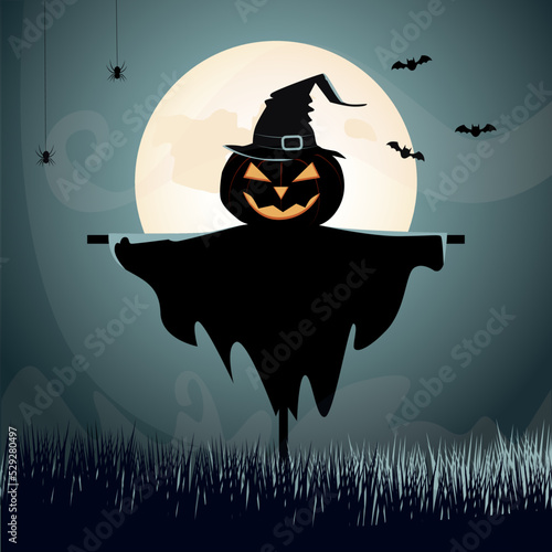 Halloween background with scary scarecrow in field vector image.