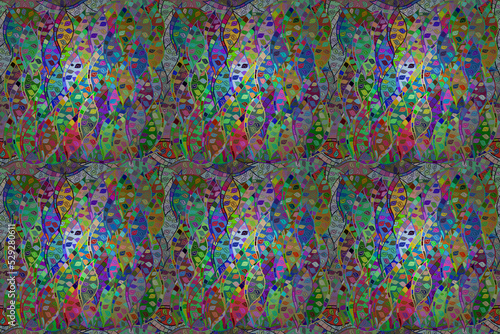 Seamless pattern with interesting doodles on colorfil background. Pano. Raster illustration.