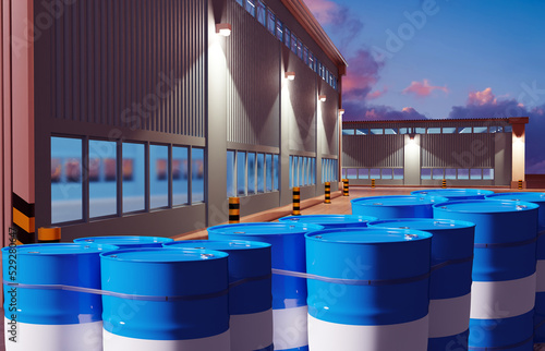Chemical warehouse with metal drums. Barrels. Warehouse of chemical products. Metal barrels are blue. 200 liter barrel of gasoline in metal container. photo