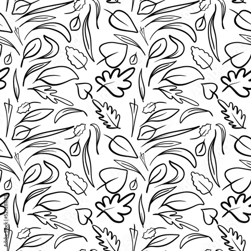 seamless pattern, hand drawn leaves contour. Botanical. Black contour. isolated on white background. Design for banner, cover, invitation, placard brochure, poster, card.
