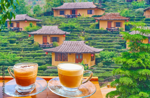 Fotografering Cappuccino with a view on Chinese houses and tea shrubs in Yunnan tea village of