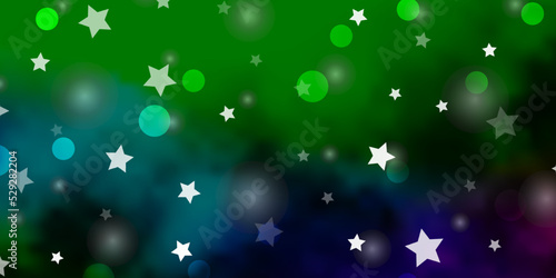 Dark Multicolor vector background with circles, stars.