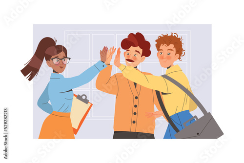 Teamwork with Man and Woman Employee Giving High Five Engaged in Successful Collaboration Vector Illustration