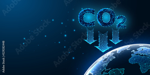 Concept of Carbon dioxide reduction, global warming effect in futuristic style on blue background.