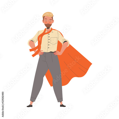 Bearded Man Office Employee Standing in Superhero Cloak with Hands on Hips Vector Illustration © Happypictures