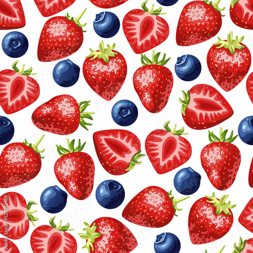 Fototapeta Naklejka Na Ścianę i Meble -  A pattern of juicy strawberries and blueberries