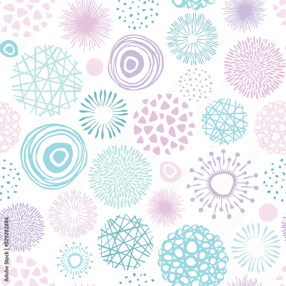 Vector seamless pattern. Circle texture with doodle and scribble shaps. Hand drawn shapes. Pink and blue. Background for wrapping, fabric, wallpaper or cards.
