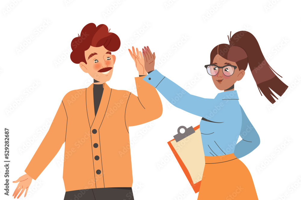 Teamwork with Man and Woman Employee Giving High Five Engaged in Successful Collaboration Vector Illustration Teamwork with Man and Woman Employee Giving High Five Engaged in Successful Collaboration Vector Illustration