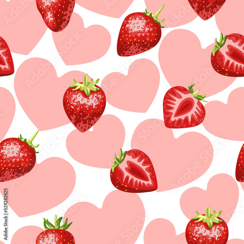 A pattern of juicy strawberries and hearts (ID: 529282625)