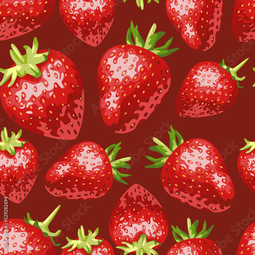 A pattern of juicy strawberries on a red background (ID: 529282694)