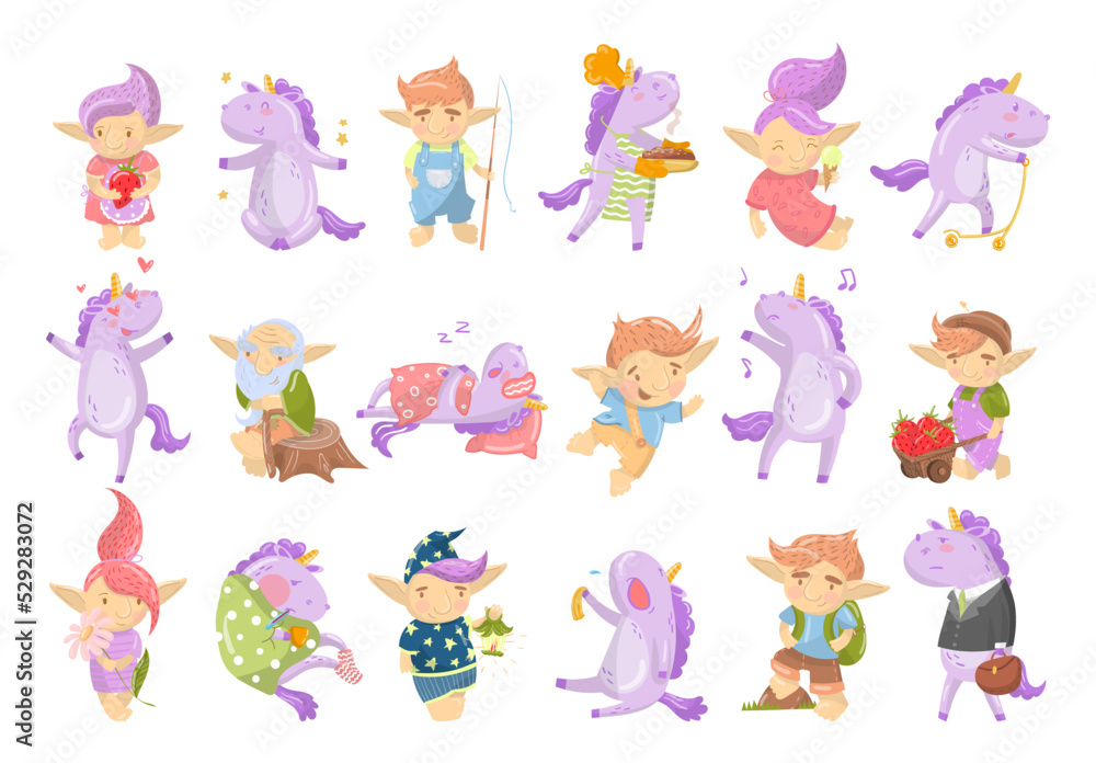 Funny Troll and Purple Unicorn Engaged in Different Activity Big Vector Set Funny Troll and Purple Unicorn Engaged in Different Activity Big Vector Set