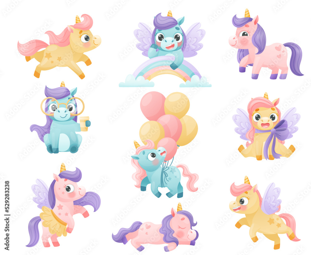 Obraz premium Cute Unicorn with Twisted Horn and Mane Engaged in Different Activity Vector Set