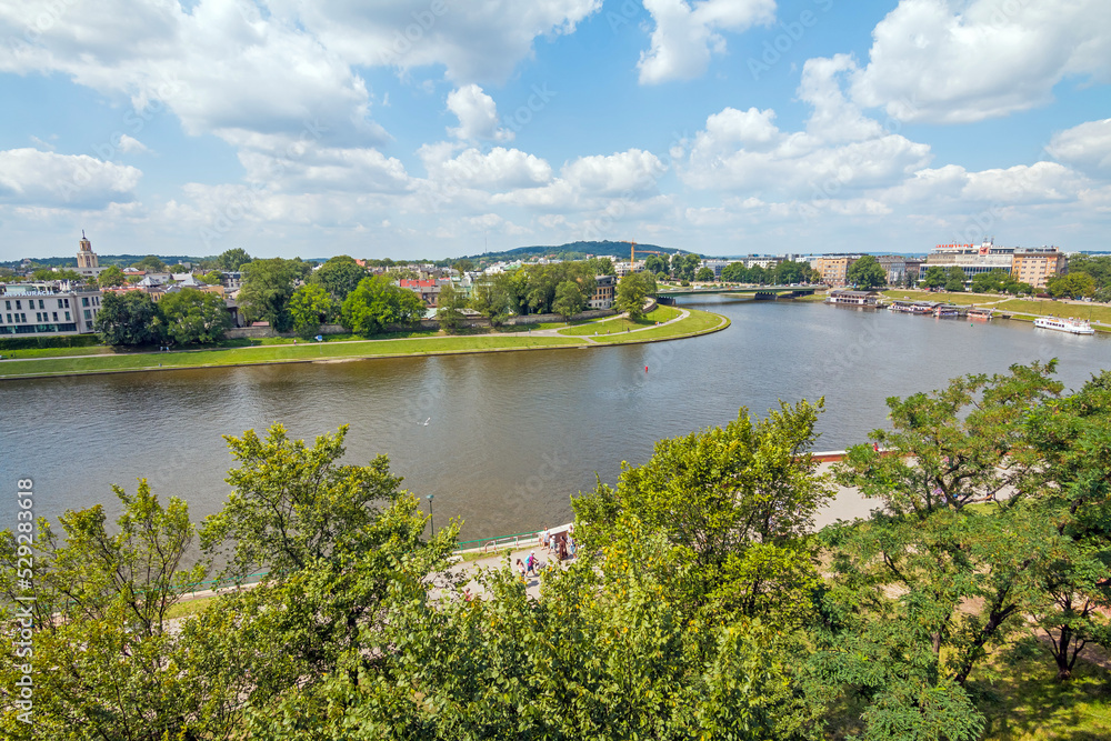 Aerial view from The Wawel Royal Castle. A castle residency located in central Krakow. Wawel Royal Castle and the Wawel Hill constitute the most historically and culturally important site in Poland.