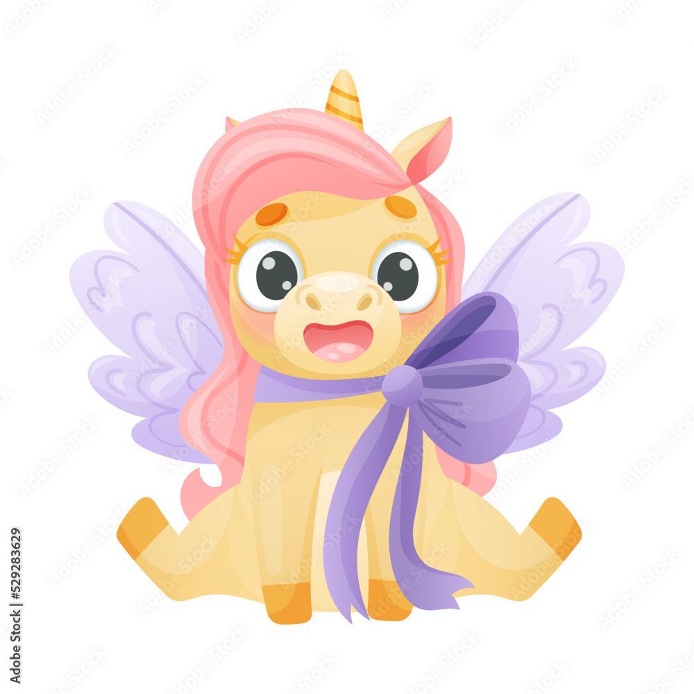 Cute Yellow Winged Unicorn with Twisted Horn and Pink Mane Sitting with Ribbon Bow Vector Illustration Cute Yellow Winged Unicorn with Twisted Horn and Pink Mane Sitting with Ribbon Bow Vector Illustration