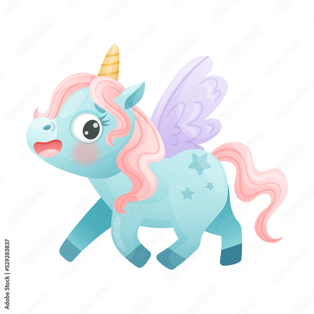 Cute Happy Unicorn with Wings and Pink Mane Walking Vector Illustratio Cute Happy Unicorn with Wings and Pink Mane Walking Vector Illustratio
