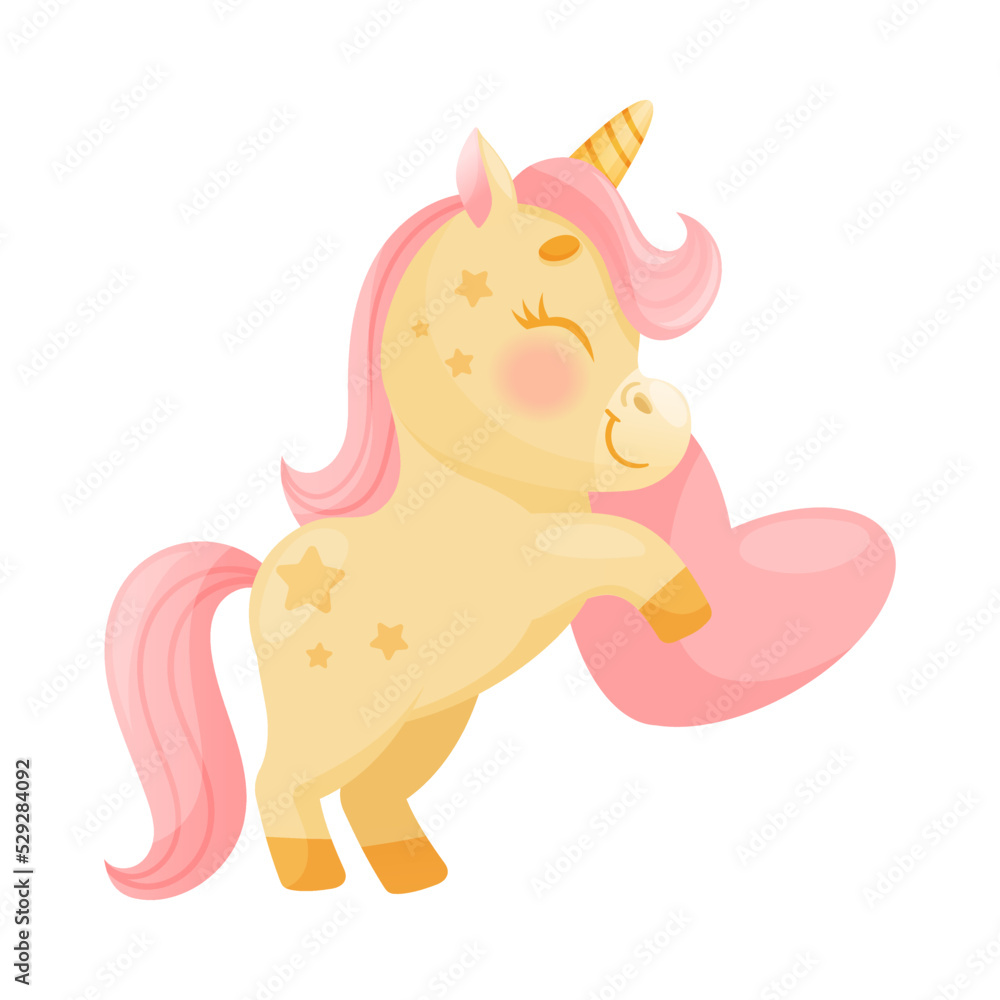 Cute Unicorn with Twisted Horn and Pink Mane Standing on Hind Legs Vector Illustration