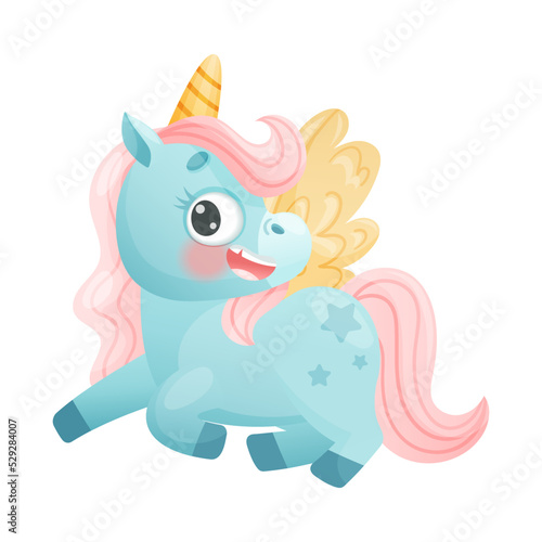 Cute Winged Unicorn with Twisted Horn and Pink Mane Vector Illustration