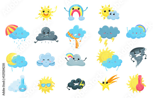 Weather Forecast Events with Bright Shining Sun, Rainy Cloud, Rainbow and Crescent with Face Emotion Big Vector Set