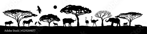 African landscape with animals. An African safari animal silhouette landscape scene. Vector illustration