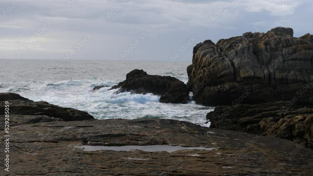 The Atlantic ocean and the rocky coast at Guénolé. The 5th September 2022, Brittany, France. The Atlantic ocean and the rocky coast at Guénolé. The 5th September 2022, Brittany, France.