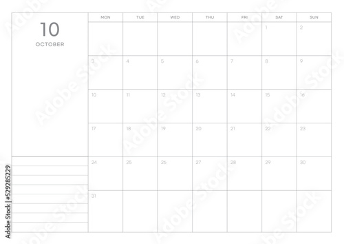 October 2022 simple design digital and printable calendar template illustration. Notes, scheduler, diary, calendar, memo, planner document template background. 