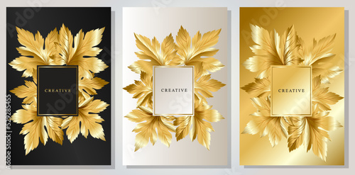 Luxury cover set with autumn leaves. Golden foliage frame on black, platinum and gold background. Modern template brochure