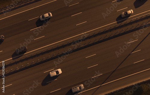 Car traffic on the highway. Drone view. The subject of road management.