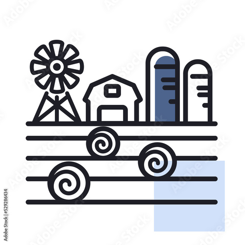 Farm landscape with barn, haystack and granary