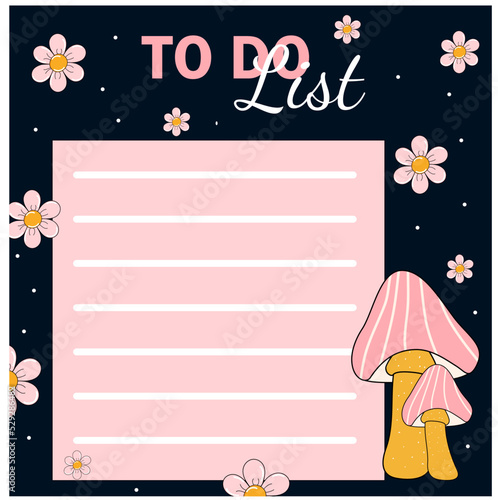 Notes to take. List. Notifications. Vector stock illustration. Mushrooms and flowers. Black background. 70th