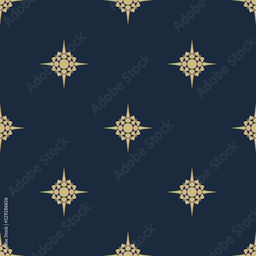 Golden vector geometric texture with stars, diamonds, floral silhouettes. Elegant abstract dark blue and gold seamless pattern. Simple minimal background. Luxury repeat geo design for decor, print