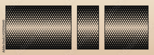 Laser cut pattern set. Vector design with modern abstract geometric ornament, halftone grid, thin mesh. Template for cnc cutting, decorative panels of wood, metal, plastic. Aspect ratio 3:2, 1:2, 1:1